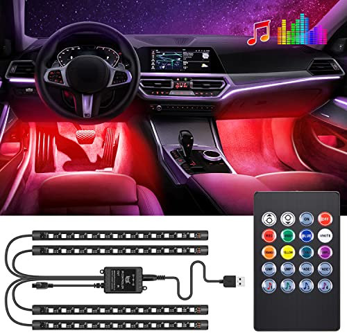 Car LED Interior Strip Lights With Music Sound-Activated & Remote Control, Waterproof, USB Port Charger Footwell Lights