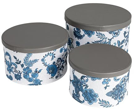 Household Essentials Hutschachteln mit Blumenmuster, mit Kunstlederdeckel, cremefarben und blau, 3 Stück