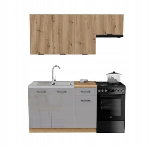 Küchenzeile 170 cm - 3 Oberschränke und 2 Unterschränke mit Soft-Close-System - inklusive Montagezubehör - ohne Spülbecken Geräte - Grau Acryl Glanz/RYFLA Oak Artisan - Küchenarbeitsplatte Evoke Oak