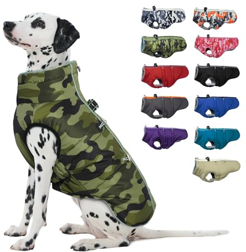 IKIPUKO Hundemantel – warmer Schneeanzug mit Reißverschluss für große Hunde, reflektierend, wasserabweisend, Camouflage