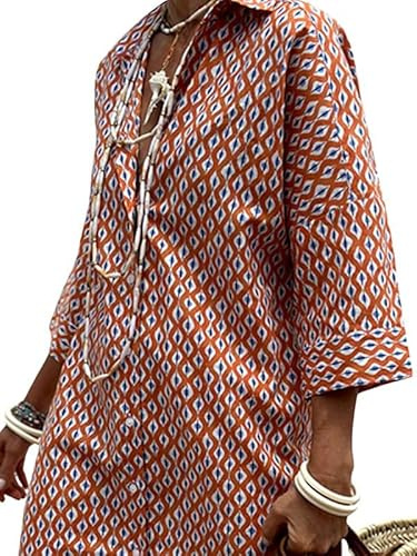 utcoco Maxikleid für Damen, 2026, lässiges Revers, 3/4-Ärmel, Knopfleiste, geteilter Gürtel, Urlaubskleid
