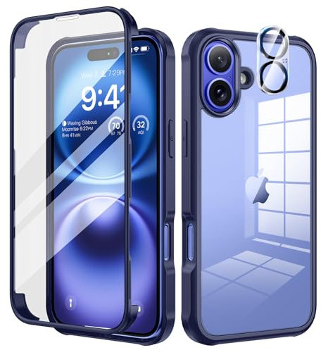 seacosmo Coque pour iPhone 16 6,1 Pouces, Antichoc Housse avec Verre Trempé et Caméra Protecteur [9H HD] 360° Protégé Etui Double Face Case Robuste Transparent Intégrale Coque pour iPhone 16 - Bleu