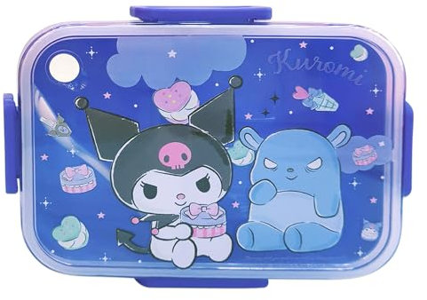 Roffatide Kuromi Imprimir una caja de almuerzo integrada con cuchara kawaii cerradura de 4 puntos para bocadillos de alimentos y frutas