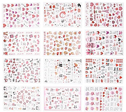 Nail Art Stickers, 12 Sheets Nail Art Stickers Nail Stickers For Nail Art Sticker Nails Red Lips Heart Shape Nail Decal Decoration For Women Manicure Decoration