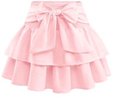 Timormode Women's Girls Cute Boho High Waist Ruffle Mini Skirt Bow Flowy Skater Skirts Lightweight Layered Short Skirt TMS8005 Pink S