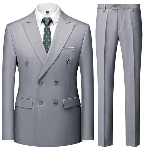 KUDMOL Men's 2-Piece Double Breasted Suit Peak Lapel Blazer Trousers Set