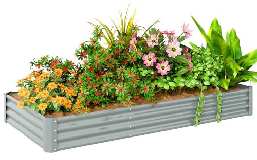 Outsunny Carré Potager rectangulaire, lit de Jardin surélevé en Acier galvanisé, Fond Ouvert, jardinière avec Bord Anti-Coupure Barres de Soutien, 240 x 120 x 30 cm, Gris argenté