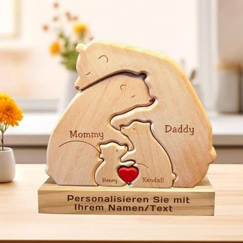 Personalisiertes Holzkunstpuzzle der Bärenfamilie mit 2-7 Namen Graviert, Skulpturen Desktop Ornament Home Tischdekoration, Geschenke für Muttertag, Vatertag, Familie, Mama, Papa (B-1)