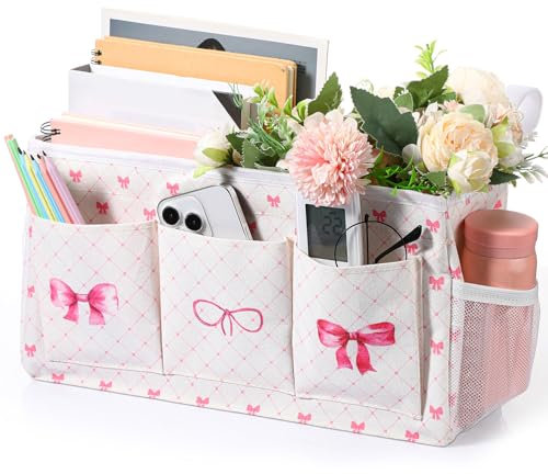 Bulyoou Pink Bow Bedside Caddy, Cute Bow Bedside Organizer, Pink Coquette Aesthetic Hanging Storage Caddy Bag with Fixed Strap and Water Bottle Holder for Home, College, Dorm, Bunk, Hospital, Bed Rail