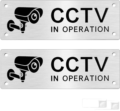 2-Pack CCTV in Operation Sign Stickers, 15x5cm Aluminum CCTV Stickers with Self-Adhesive, Security Camera Warning Signs for Windows with Pre-Drilled Holes, for Home & Business, Outdoor and Indoor Use