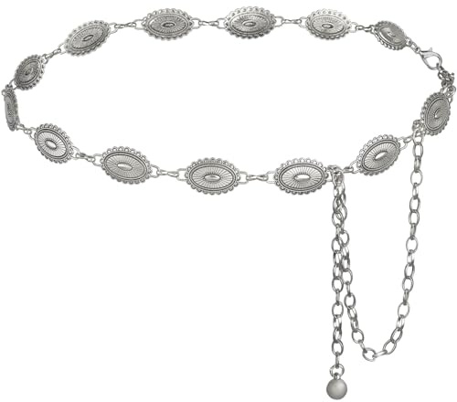 DRESHOW Western Metall Concho Gürtel für Damen Cowgirl Boho Concho Gürtel Verstellbare Silber Gold Vintage Taillenkette für Damen für Kleider Jeans Country Konzerte