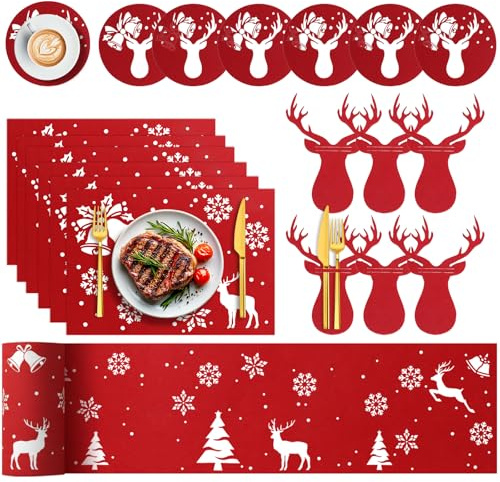 19 PCS Filz Platzset Weihnachten Tischdeko Rot Tischset Weihnachten Bestecktasche Filz Platzdeckchen Weihnachts Tischläufer 30x150 Weihnachtsdeko Tisch Weihnachts Besteckhalter Weihnachtsuntersetzer