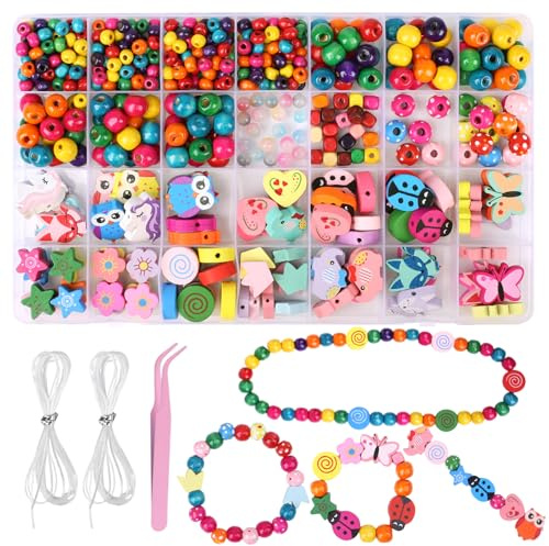 545 Stück Holzperlen zum Auffädeln, Blumen, Tiere, Bunt | Perlen für Armbänder, mit Pinzette, Faden und Transparente Box, für Erwachsene, DIY Schmuckherstellung