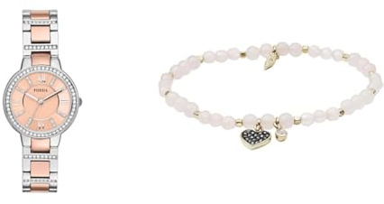 Fossil Damen Virginia Zweifarbige Edelstahl Uhr und Rosa Halbedelstein Armband, Set