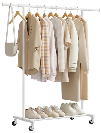 WOLTU Kleiderständer auf Rollen, für Wohnzimmer Schlafzimmer, Garderobenständer mit Ablage, teleskop Kleiderstange, bis 70 kg belastbar, Einfache Montage, Weiß