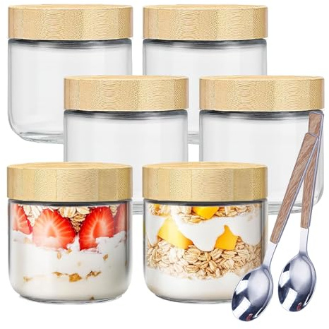 GANILITY Pots pour Overnight Oats, 6 Pieces 300 Ml Pot Yaourt en Verre avec Couvercle, Bocaux en Verre Hermétique avec 2 Cuillère en Acier Inoxydable, pour Yaourt, Pudding, Chutneys, Porridge