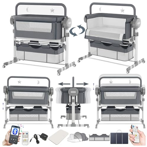 MoLi Beistellbett Baby mit Rollen, Convertible Faltbar Co-Sleeping Babybett, Stubenwagen Baby Kleinkind Wiege mit Musik, Fernbedienung und 5-schwankende Zahnräder (608 Grey)