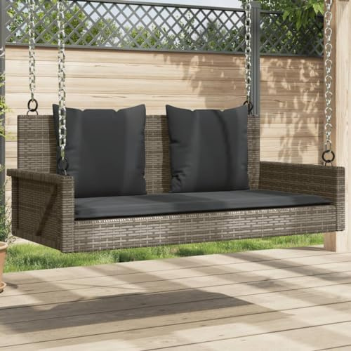 QZZCED Hollywoodschaukel mit Kissen aus synthetischem Rattan, Grau, 119 x 56 x 48 cm für den Außenbereich, Hängesitz mit Schaukelfunktion und robuster Struktur, inklusive 1 Bank, Ringe
