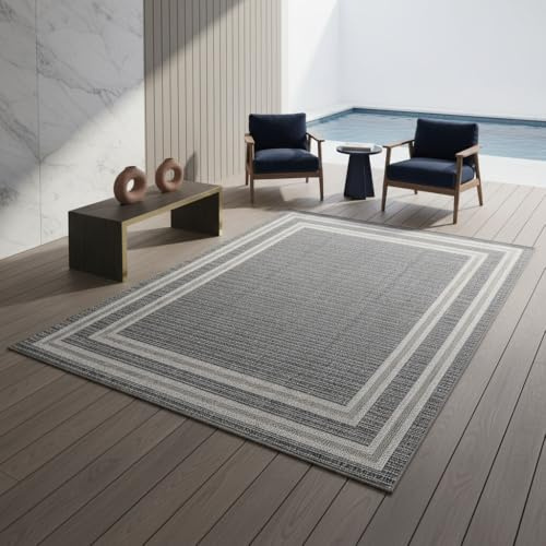 KADIMA DESIGN Outdoor Teppich Bordüren-Design Wetterfest UV-Beständig Waschbar Strapazierfähig Langlebig Grau 160x230 cm Terrasse Balkon Fußbodenheizung geeignet | Orla