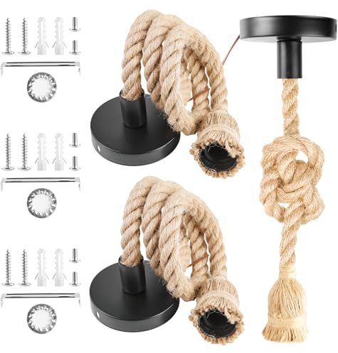 3 Stück Lampenfassung E27 mit Kabel, Retro Hanfseil Kronleuchter Pendelleuchte seil mit Kabel 100 cm, Hanfseillampe Pendellampe Kit, geeignet für Küche Cafe Bar Lager Bauernhof, Ohne Birne