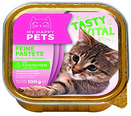 My Happy Pets 64x Katzenfutter - Feine Pastete mit Kaninchen - Alleinfutter-Mittel für ausgewachsene Katzen - Nass-Futter - Fleisch-Pastete - 64x100g