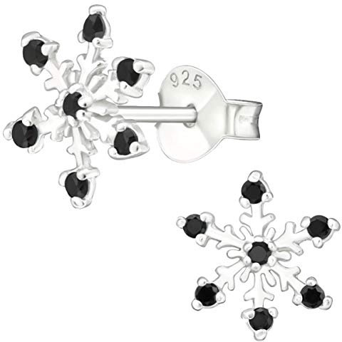 EYS JEWELRY Ohrringe Silber 925 Stecker Schneeflocken mit Zirkonia Kristallen 10 mm schwarz Weihnachtsohrringe Weihnachtsschmuck Schneeflocke Ohrstecker Weihnachten Schmuck Geschenke für Frauen