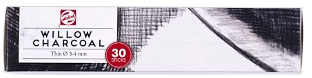 Talens Charcoal - Thin Charcoal Sticks 30 Pack - 3-4 mm Diameter Willow Wood for Drawing