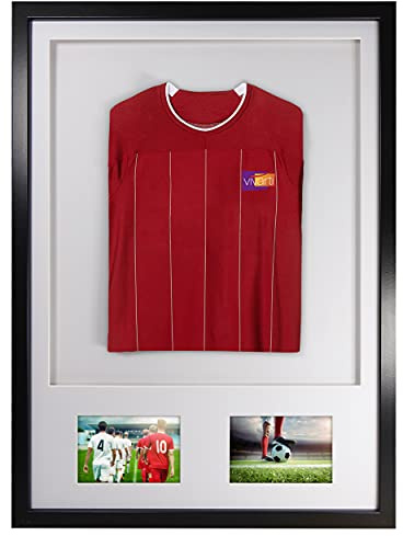Vivarti DIY Infant 3D Mounted + Double Aperture Sports Shirt Display Frame for Football Shirt, Rugby Shirt, Band T-Shirt Shadow Box - 50 x 70cm - Black Frame, White Mount, White Backing Card