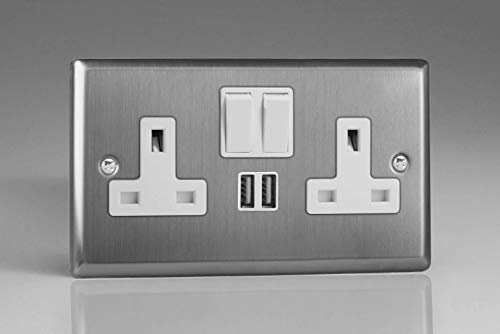 Varilight Double Switched Socket with USB Charging - Classic Brushed Steel with White Insert