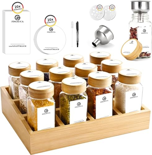 SIAZIH Bambou Porte-épices, 12 Pot Epices Verre, 120 ml de Coffret Epices, Elegant Vertical Spice Rack, Rangement Epices Cuisine