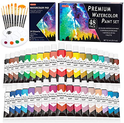 Shuttle Art 48 Pièces Kit Aquarelle Peinture, 36 Tubes Peinture aquarelle 12ml 10 Pinceaux 1 Bloc d'Aquarelle 1 Palette, Watercolor Paint Set, Peinture pour Aquarelle pour Artiste, Enfant, Débutant