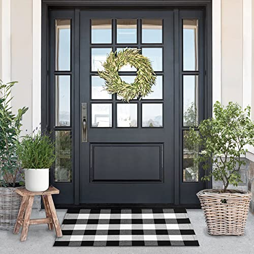LILI REY Buffalo Plaid Teppich – 71,1 x 111,8 cm Indoor/Outdoor schwarz und weiß karierter Teppich, Outdoor Vorleger Veranda Teppiche Karo Schwarz Weiß Fußmatte