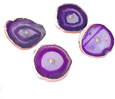 TentHome 4 Stück Kommodenknöpfe Möbelgriffe Schubladenknöpfe Möbelknauf Messing Möbelknöpfe Schrankknöpfe Garderobe Schrankgriff Natürliche Geode Achat Scheiben,Lila