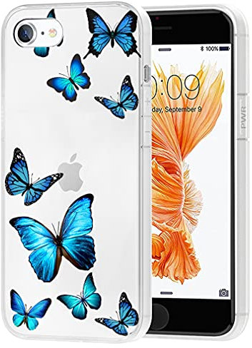 Vavies Schutzhülle für iPhone 6S Case, für iPhone 6 Case Schlankes stoßfestes Hülle mit transparentem Blumenmuster, weich-Flexibler TPU-Schutz Handyhülle für iPhone 6/6S Blau-Schmetterling