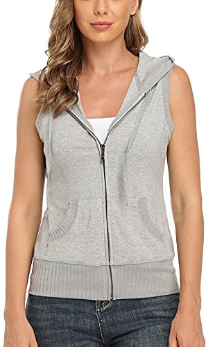 MISS MOLY Ärmellos Sweatjacke Damen Weste Hoodie Shirt mit Reissverschluss Kurzarmjacken Sweatshirt Medium, Hell Grau