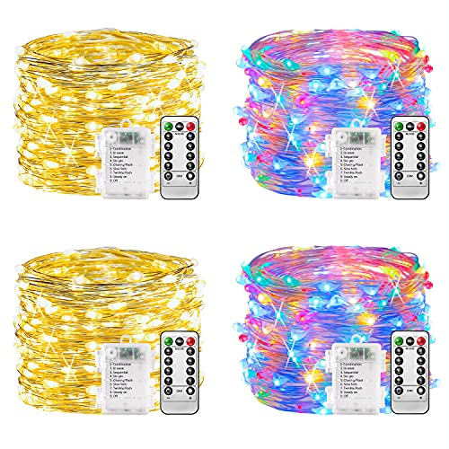 plainshe Guirlandes LED fil d'argent, 4pcs 10M 100 télécommande 8 modes Guirlandes étanches IP65, guirlandes lumineuses à piles TIMER, pour mariages, fêtes, Noël-blanc chaud + multicolore (4pcs)