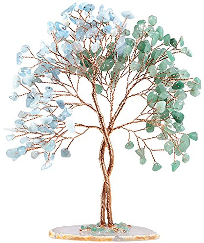 Nupuyai Green Aventurine & Aquamarine Twining Crystal Money Tree with Agate Slice Base, Love Stone Tree Ornament Fengshui Figurines for Home Office Wedding Decor