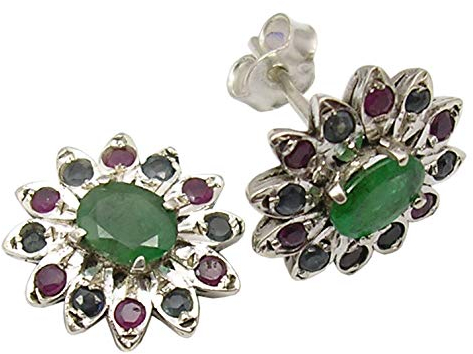 SilverStarJewel 925 Solid Silber Mehrfarbige facettierte Smaragd-, Rubin- und Saphirohrringe 1,5 cm