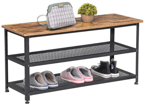 H JINHUI Schuhbank, Schuhregal mit 2 Gitterablagen und Sitzfläche, 100 x 38 x 45 cm, Metallgestell, Industrie-Design, Vintagebraun-schwarz, für Eingangsbereich, Flur, Wohnzimmer