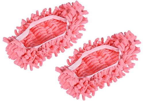 MECCANIXITY Washable Cleaning Shoes Cover Multifunction Chenille Duster Mop Slippers Foot Socks for House Floor, Pack of 2 Pink