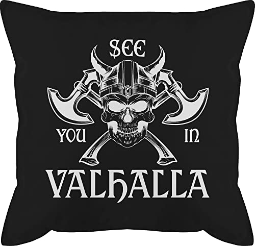 Shirtracer Kissen 50x50 - Wikinger & Walhalla - See You in Valhalla - 50 x 50 cm - Schwarz - Vikings Skull mit füllung vikinger Viking männerkissen Wikinger&Walhalla Totenkopf sofakissen