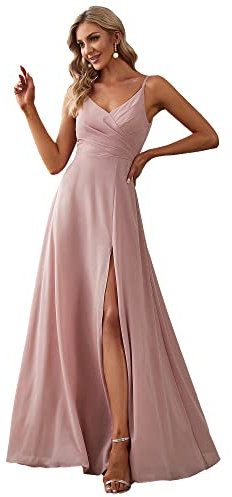 Ever-Pretty Robe Demoiselle d'honneur Femme Fendue Col V Mousseline à Bretelles A Line Chic Soirée Rose poussiéreuse 38