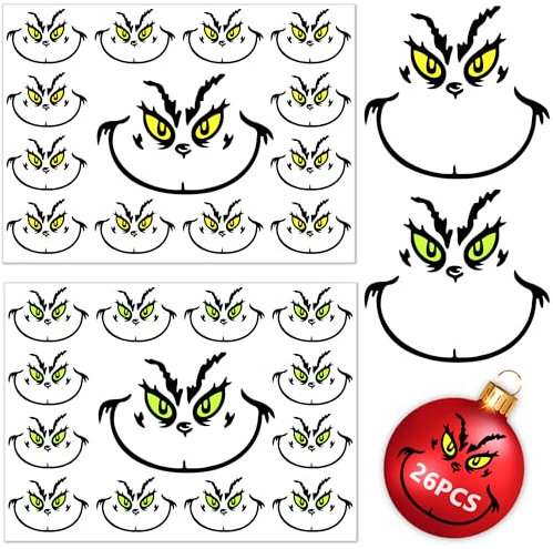 DFANG 26 Stück Grinch Aufkleber für Ornamente, Gelbe Augen, Weihnachtsdekorationen, Grinch Face Vinyl Aufkleber für Zuhause, Bälle, Partyzubehör, Wasserflaschen