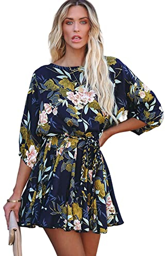HEYPORK Damen Frühling Sommer Rock Bequem Lässig Kleider Mode Frauen Röcke Mode Floral Rundhals Sieben Teil Ärmel Lässig Kleid(Marine, S)