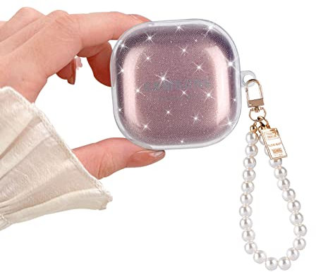 DiyGody Sparkle Headphone Case for Samsung Galaxy Buds 2 Pro(2022)/Galaxy buds Pro/buds 2/buds live with Pearl Wrist Keychain for Women Girls,Clear Glitter Bling Protective Soft Silicone Cover