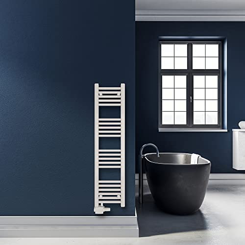 SHV Badheizkörper Pegasus mit Seitenanschluss in glänzendem Weiß - 300 x 1200 mm | Heizkörper für Badezimmer, Handtuchhalter für Wand im Bad, Handtuchheizkörper, Handtuchtrockner aus Stahl