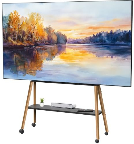 VIVO Rolling Artistic 43 to 75 inch LED LCD Screen Mobile Studio TV Easel Stand, Wood Accessory Shelf, Adjustable TV Mount with 4 Walnut Legs, Black Frame, STAND-TV75R