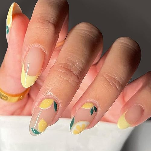 NICENEEDED Summer Press On Nail, Faux Ongles Citron Moyen, Alomnd Jaune Pleine Couverture Faux Ongles Autocollant Sur Ongles Amovible Nail Tips French Tip Stick On Nails pour Femmes et Filles
