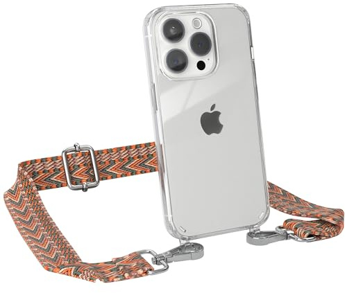 EAZY CASE Handykette - Verstellbares Taschenband kompatibel mit iPhone 15 Pro, Schulterriemen, Handykordel mit Silikon Hülle, Umhängetasche, Orange Grün Silber