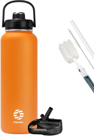 Fjbottle Gourde en acier inoxydable avec paille 950 ml/1200 ml, 2 couvercles sans BPA, Bouteille d'eau anti-fuite – Bouteille isotherme pour le sport, le vélo, l'école, le fitness